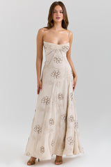 Vanilla Embroidered Hand Beaded Floral Maxi Dress