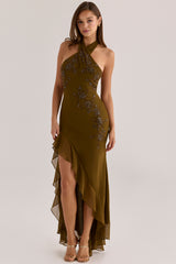 Bronze Georgette Hand Embellished Beaded Halter Maxi Dress