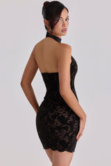 Black Lace High Neck Mini Dress With Detachable Bow