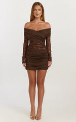 Juliet Mini Dress - Off Shoulder Lace Contrast Bodycon Dress in Choc