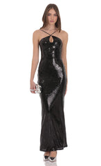 Sequin Keyhole Maxi Dress in Black