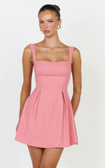 Ida Mini Dress - Wide Strap Straight Neck  Bow Back Dress in Pink
