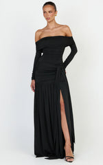Amaya Maxi Dress - Off Shoulder Draped Long Sleeve Dress in Black