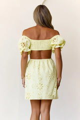 Love That Lasts Off Shoulder Embroidered Mini Dress Yellow