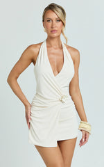 Fiora Mini Dress - Halter Neck Front Wrap Floral Trim A Line Dress in Ivory