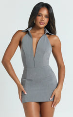 Latisha Mini Dress - Halter Collared Fitted Dress in Grey
