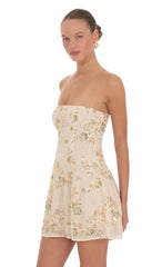 Embellished Strapless Mini Dress in Cream