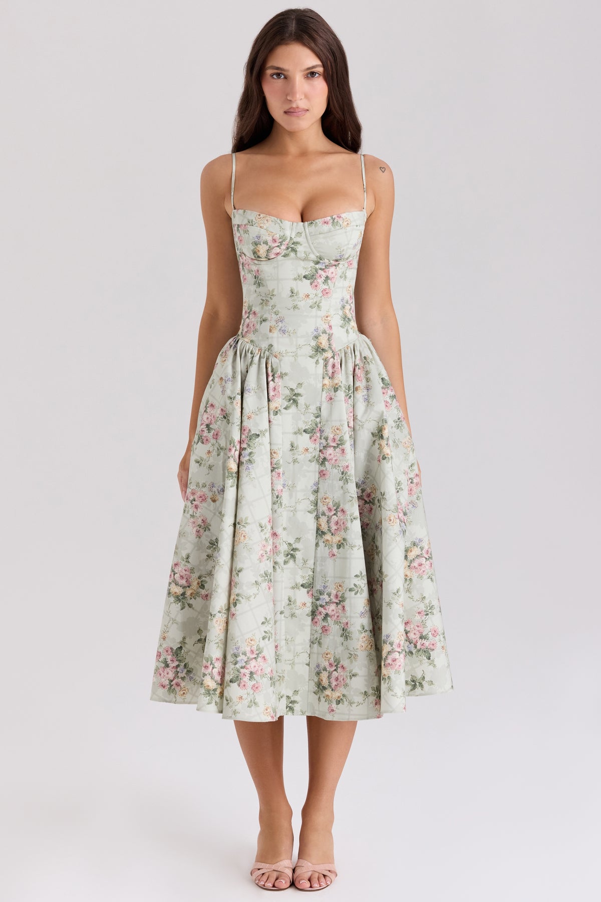 Sage Floral Print Cotton Midi Dress