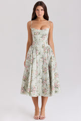 Sage Floral Print Cotton Midi Dress