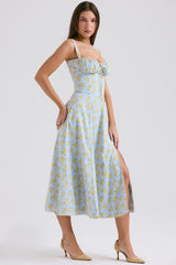 Soft Blue Vintage Floral Print Cotton Bustier Sundress