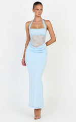 Sienne Maxi Dress - Lace Bodice Draped Cowl Waist Dress in Light Blue