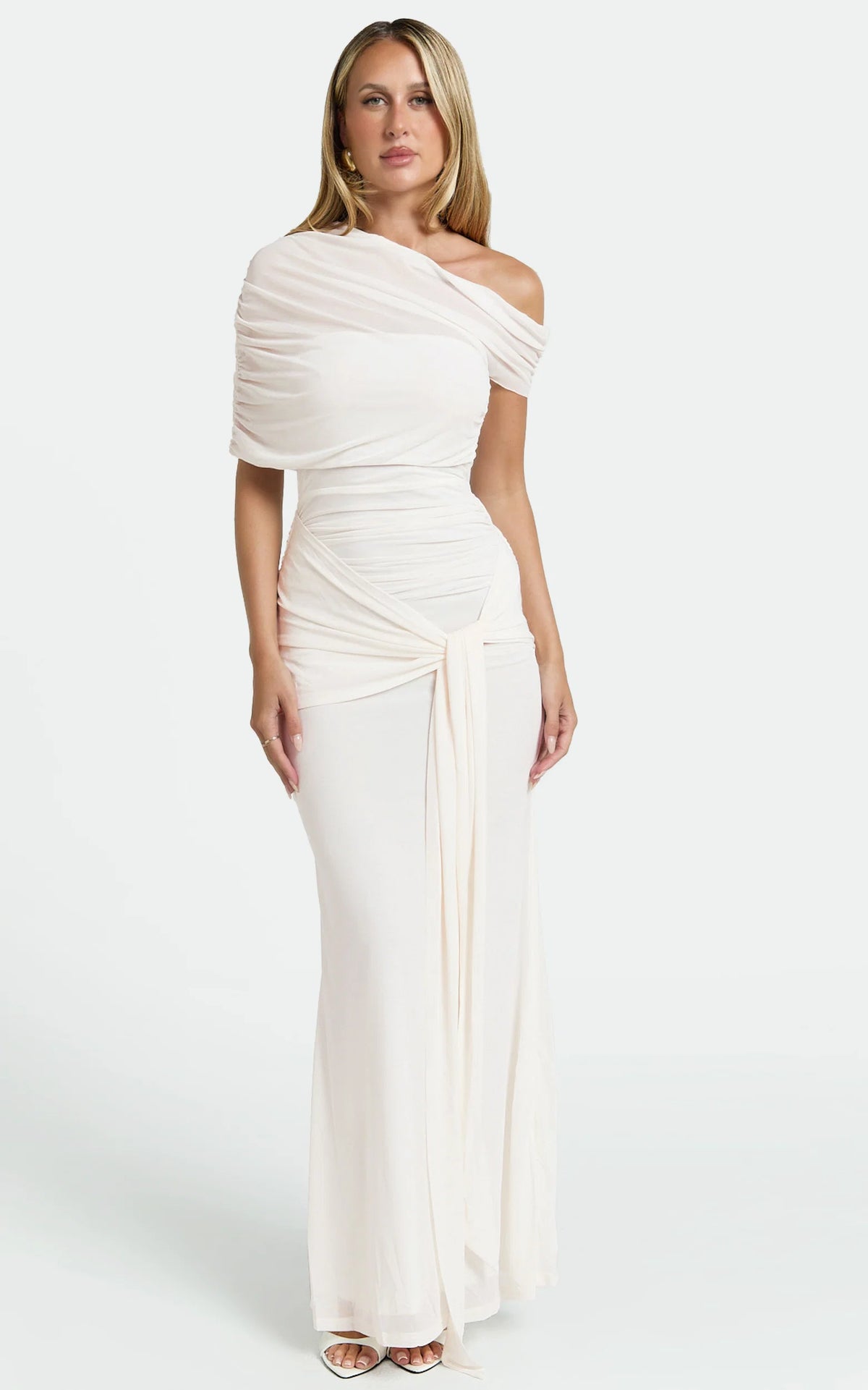 Nicolette Maxi Dress - Cape Sleeve Off Shoulder Dress in Cream