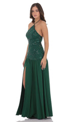 Drop Waist Sequin Maxi Dress in Green