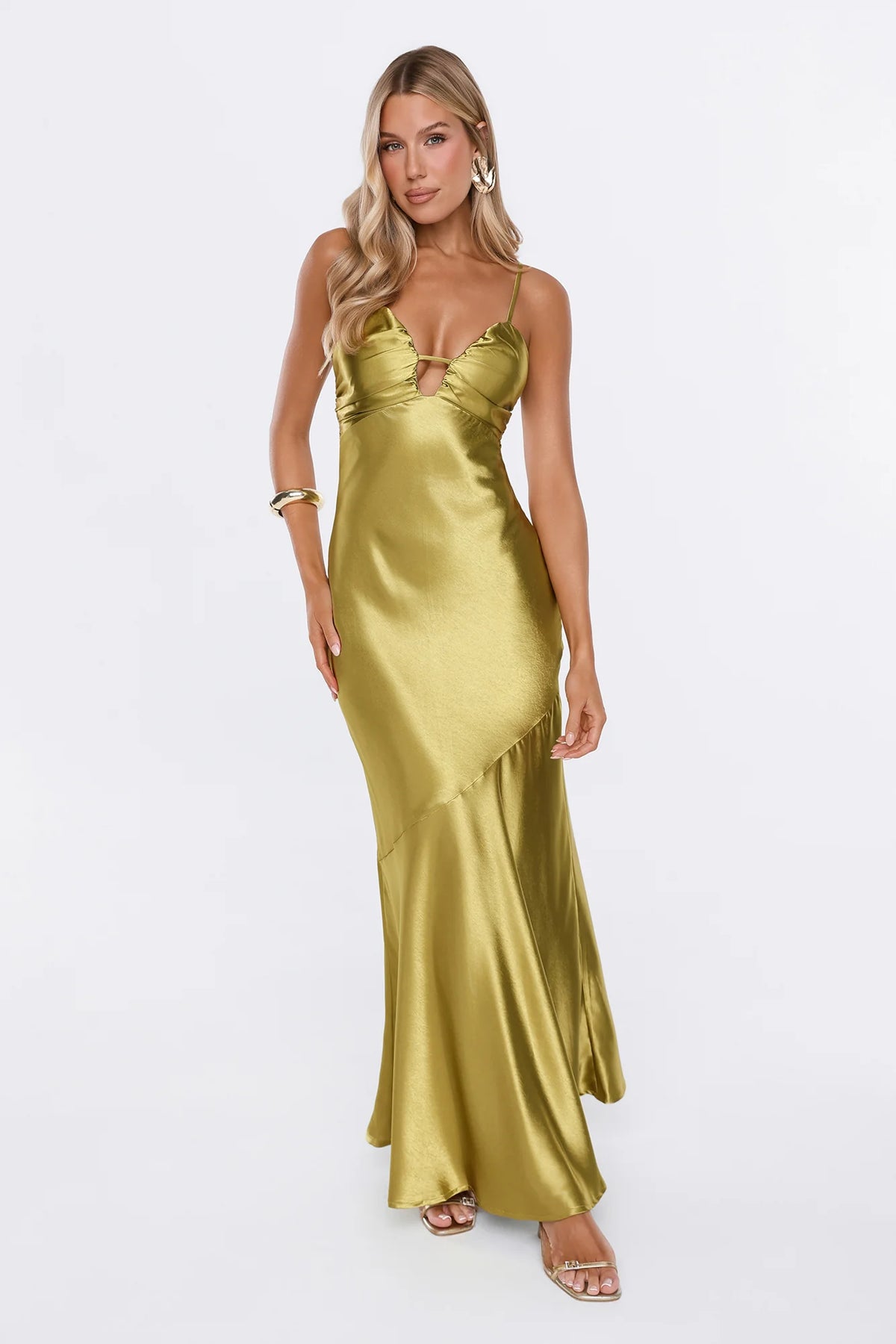 She Gets It Satin Maxi Dress Olive