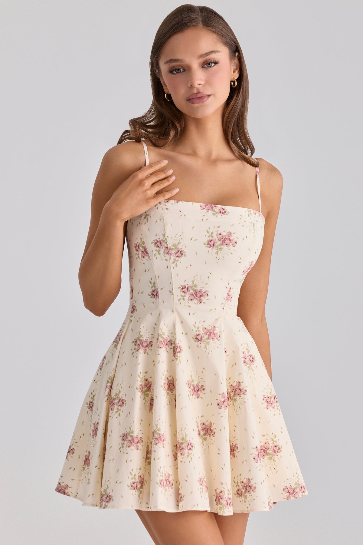 Ivory Vintage Rose Print Cotton Flared Mini Sundress