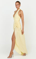 Reef Midi Dress - Plunge Halter Neck Ruched Waist Dress in Lemon