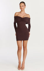 Rani Mini Dress - Off Shoulder Long Sleeve Bodycon Dress in Chocolate
