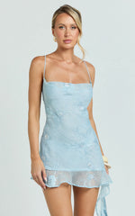Nelly Mini Dress - Sequin Cowl Neck Spaghetti Draped Frilled Dress in Blue