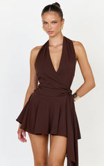 Cove Mini Dress - Halter Neck Backless Sash Detail Dress in Chocolate