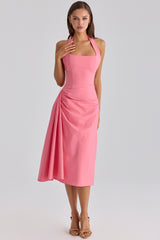 Raspberry Cotton Halter Neck Midi Dress