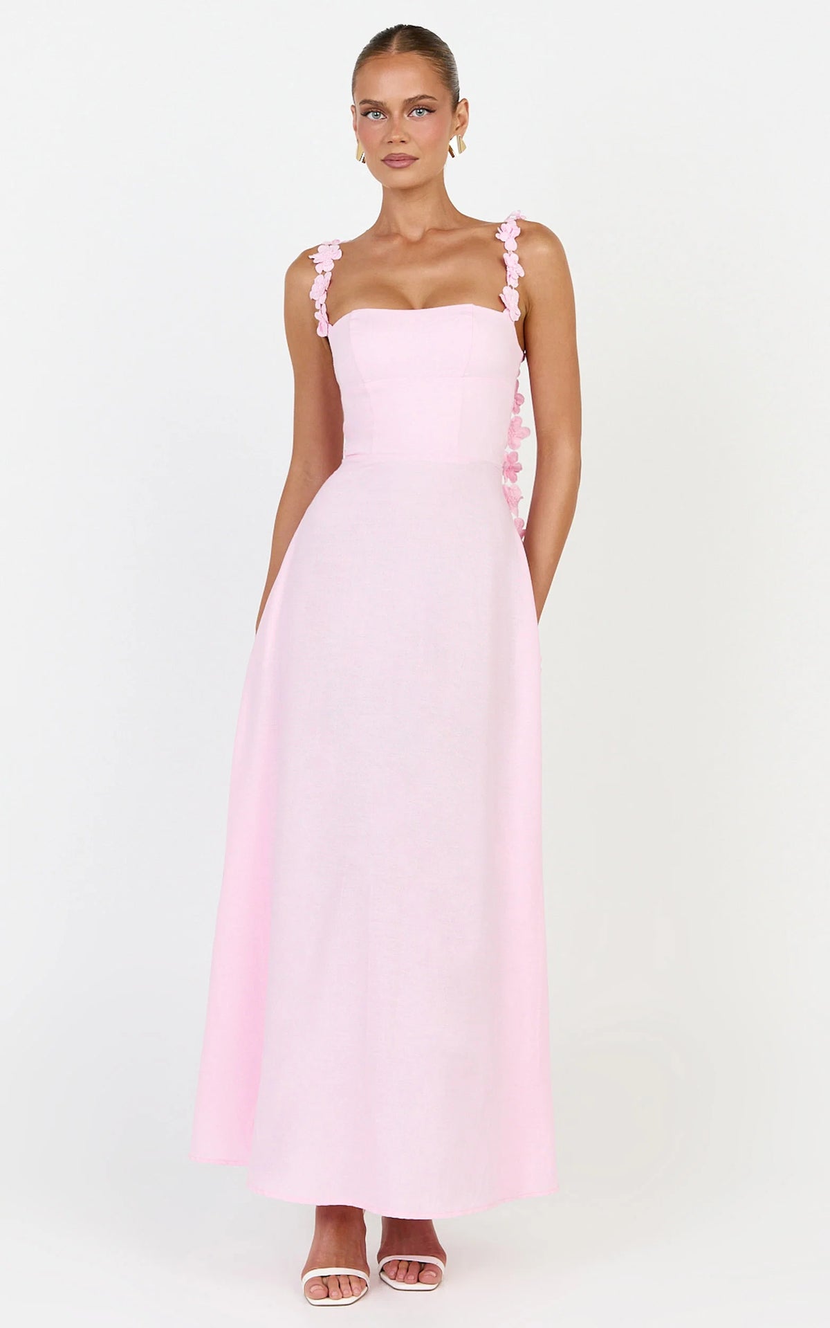 Clementine Midi Dress - 3D Floral Strap Dress in Pink