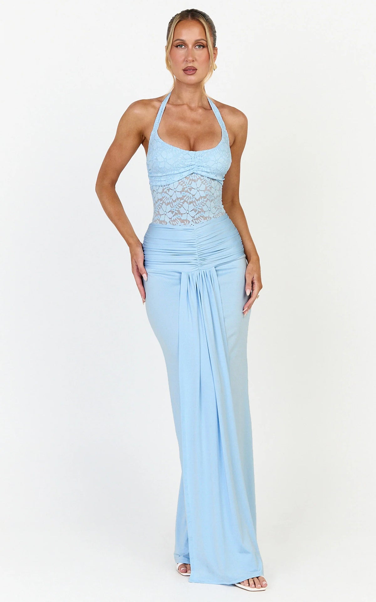 Melville Maxi Dress - Lace Bodice Draped Front Halter Dress in Blue