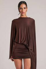 Draped Cape Mini Dress in Chocolate Brown