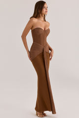 Bronze Shimmer Chiffon + Mesh Strapless Maxi Dress