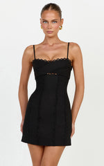 Gigi Mini Linen Blend Dress - Sweetheart Tie Back Scallop Detail Dress in Black