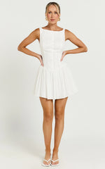 Zhai Mini Dress - High Neck Button Through Dress in Ivory