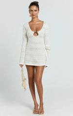 Bonnie Mini Dress - Beaded Keyhole Neckline Long Sleeve Dress in Ivory