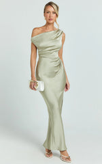 Laurie Maxi Dress - One Shoulder Ruched Dress in Light Olive