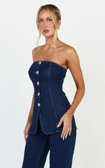 Phoebe Top - Strapless Button Down Stretch Denim Top in Dark Blue Wash