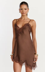 Iris Mini Dress - Lace Trim Asymmetrical Camisole Dress in Chocolate