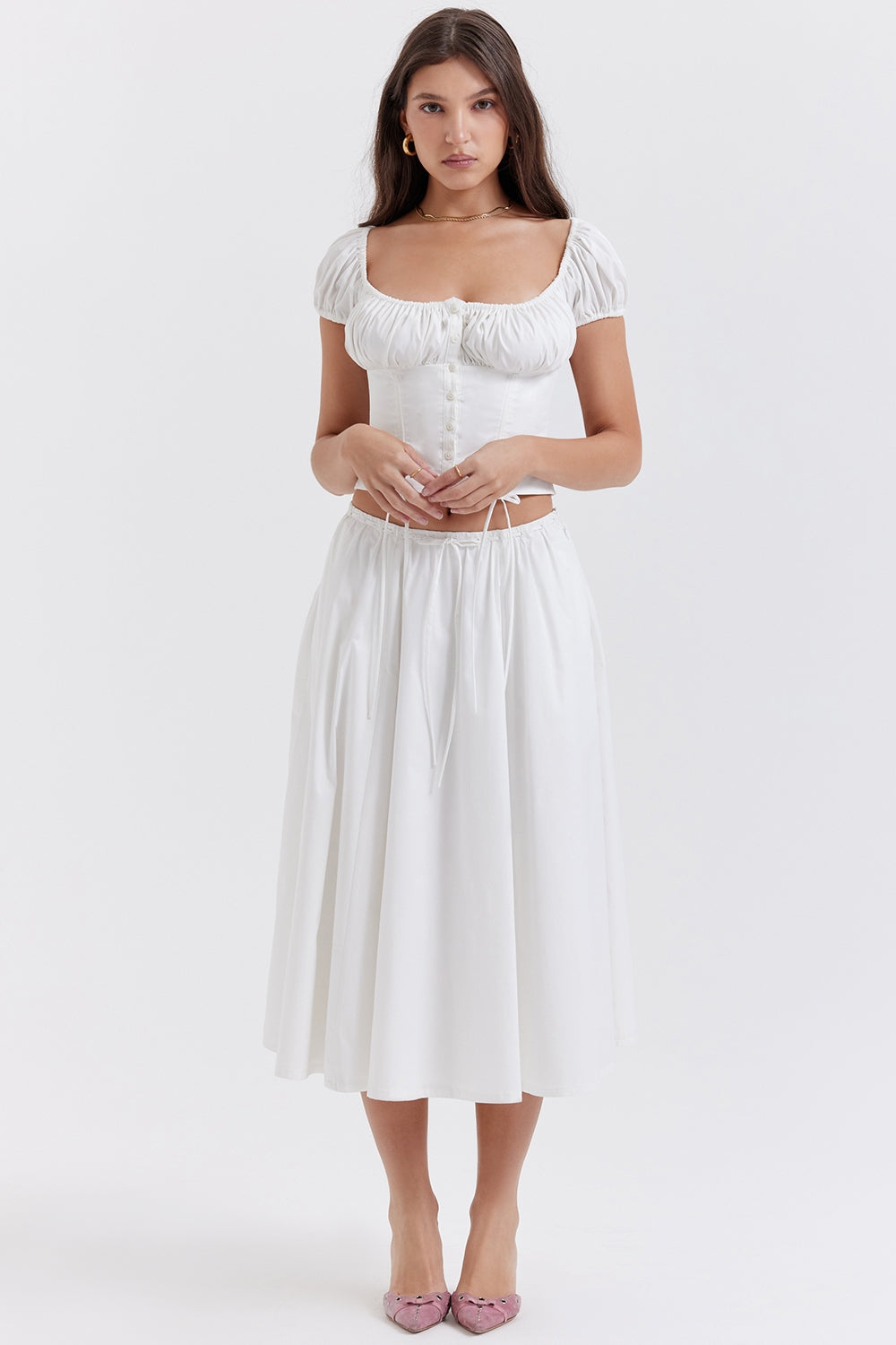 White Gathered Midi Skirt