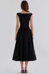 Black Custom Cotton Broderie Anglaise Boat Neck Maxi Dress