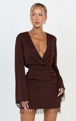 Azura Mini Dress - Long Sleeve Beaded Trim Plunge Neck Dress in Chocolate