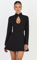 Renee Mini Dress - Long Sleeve Keyhole Fit and Flare Dress in Black