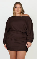 Alyce Mini Dress - Long Sleeve One Shoulder Dress in Chocolate