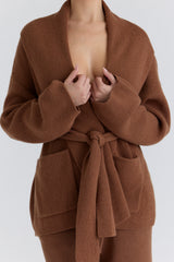Tan Pure Wool Draped Front Cardigan