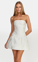 Rosalie Mini Dress - Strapless Jacquard Floral Mini Dress in White