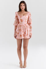 English Vintage Rose Print Puff Sleeve Mini Dress