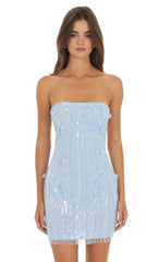 Strapless Floral Sequin Mini Dress in Light Blue