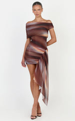 Lucienne Mini Dress - Asymmetric Off Shoulder Gathered Draped Sash Dress in Aurora Print
