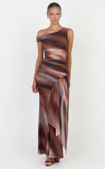 Lucienne Maxi Dress - Asymmetric Neckline Gathered Draped Sash Dress in Aurora Print