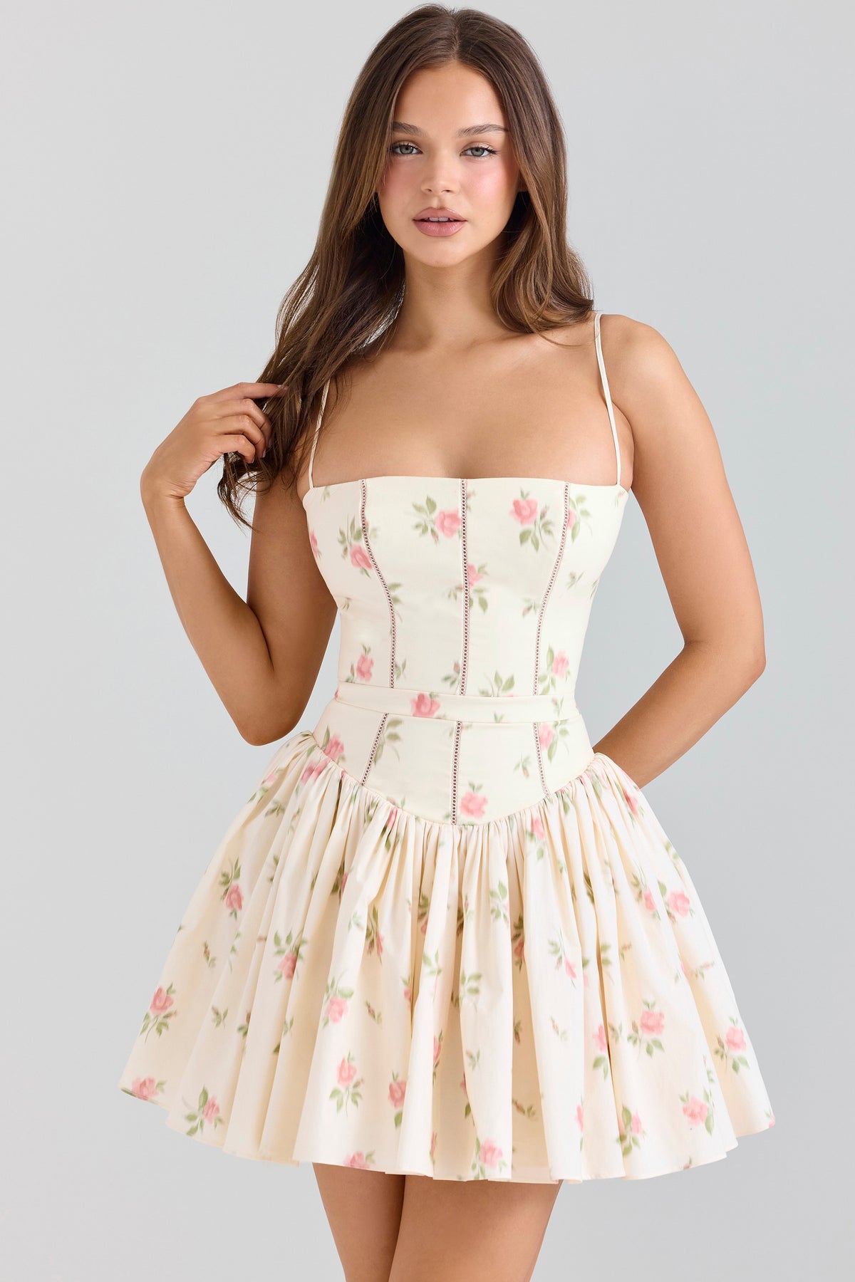 Cream Rose Print Stretch Cotton Mini Sundress