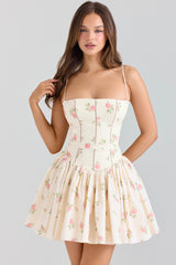 Cream Rose Print Stretch Cotton Mini Sundress