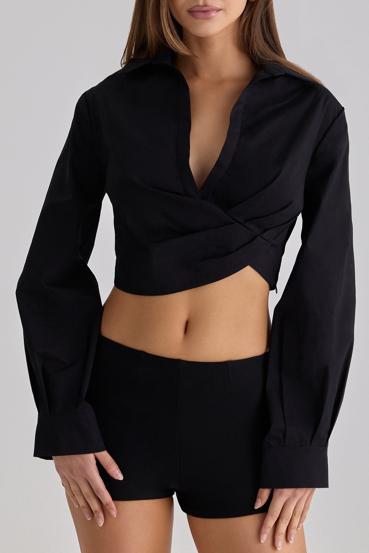Black Long Sleeve Cropped Cotton Shirt