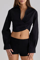 Black Long Sleeve Cropped Cotton Shirt