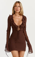 Alesya Mini Dress - Ruffle Plunge Neck Long Sleeve Tie Detail Dress in Chocolate
